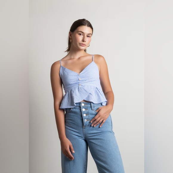 English Factory blue gingham floral embroidered crop top women’s small new tags - Picture 4 of 9